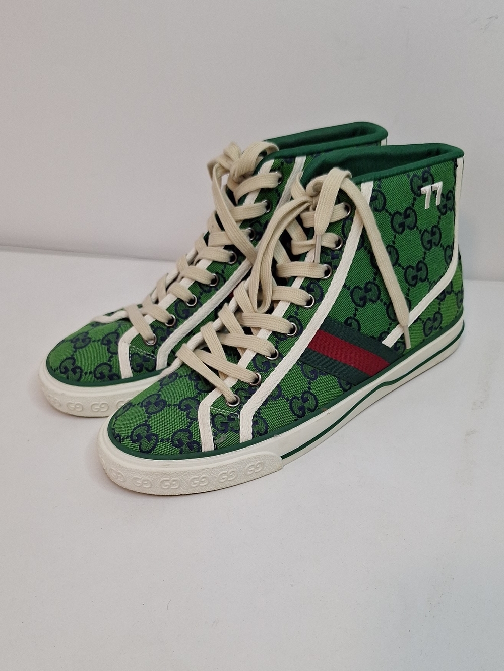 Gucci Green GG Canvas High-Top Sneakers with Red & Navy Stripe